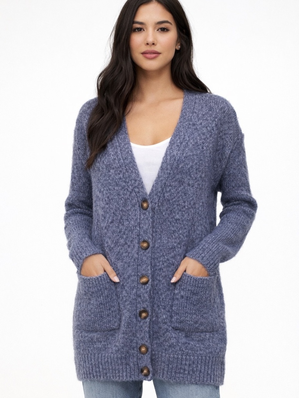 a.n.a Dusty Blue Button-Front Long Cardigan